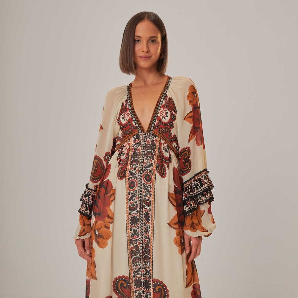 FARM Rio Cream Maxi Dress with Rust Floral Print